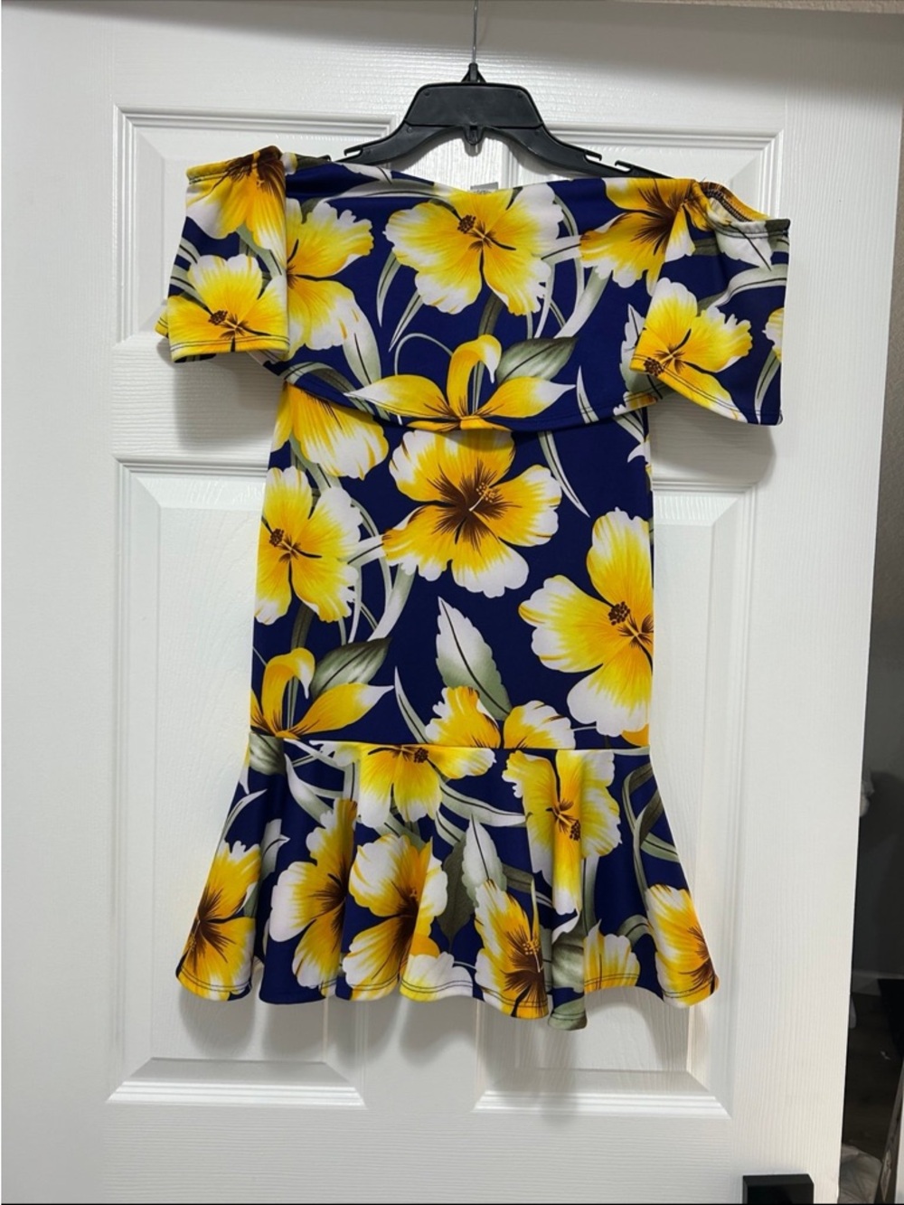 Navy and Yellow Floral Off-Shoulder Mini Dress